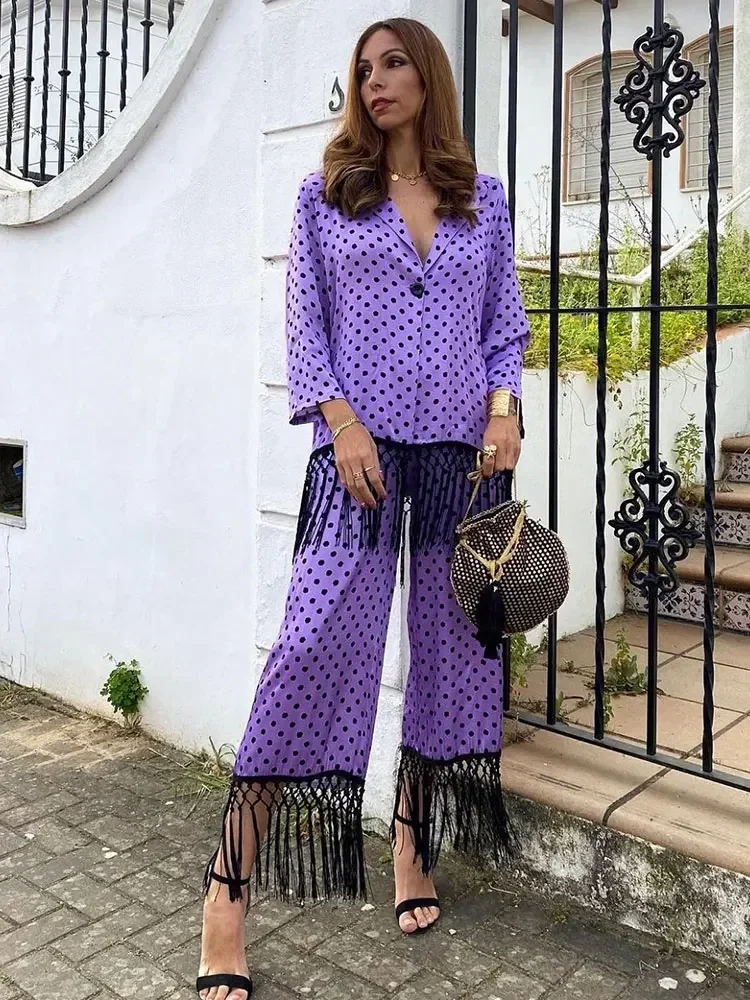 

Women Tassel Pants 2 Piece Set Casual Polka Dot Lapel Long-sleeved Single-breasted Top Pants Sets Female Communting Outfits