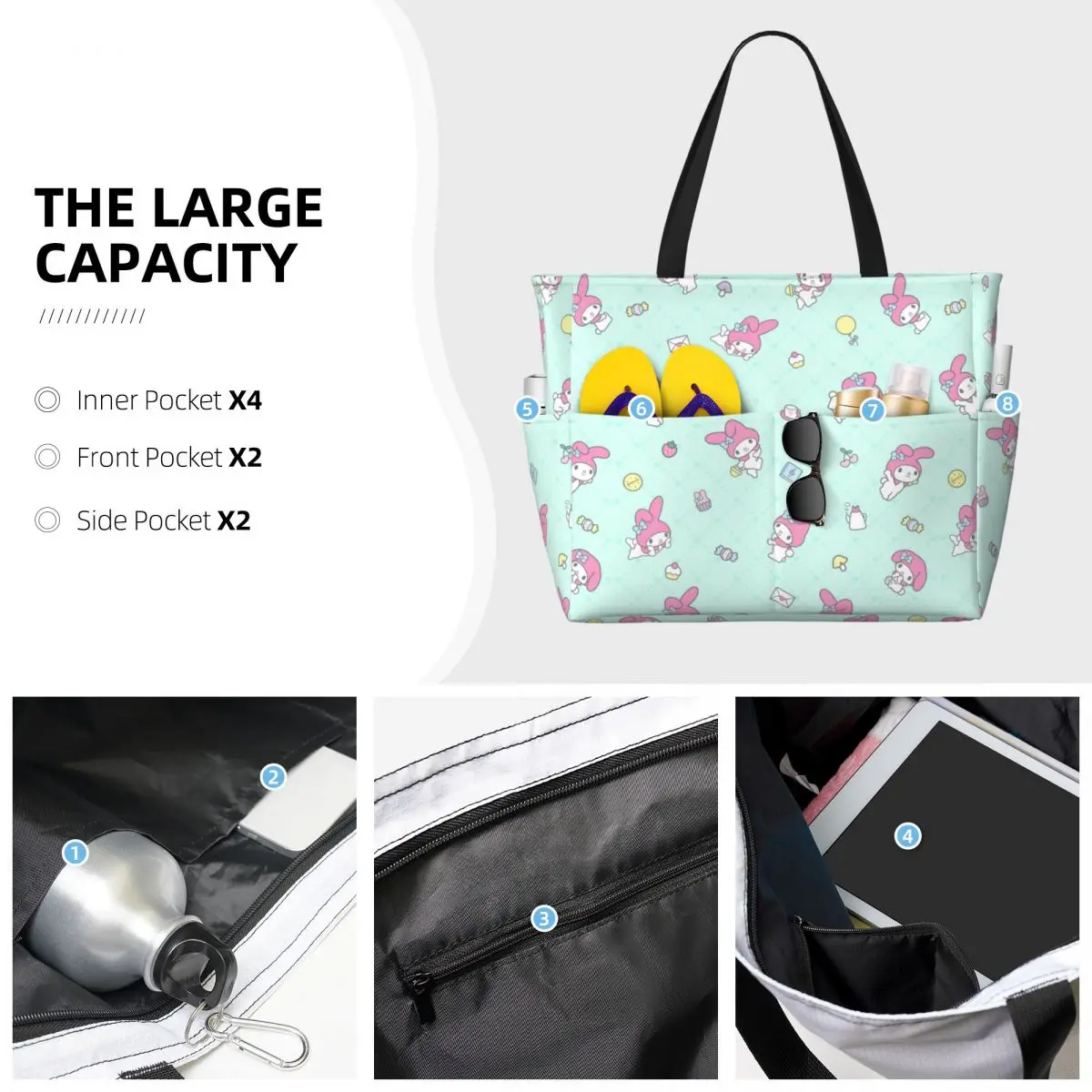 Sanrio My Melody Large Beach Tote Bag Women Waterproof My Sweet Tote Bags for Grocery 4