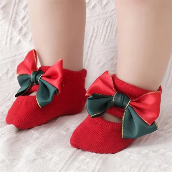 Adorable Christmas Baby Girl Non-Slip Socks with Grips and 3D Bow Design Cozy Warm Floor Crawling Socks with Matching Headband 1