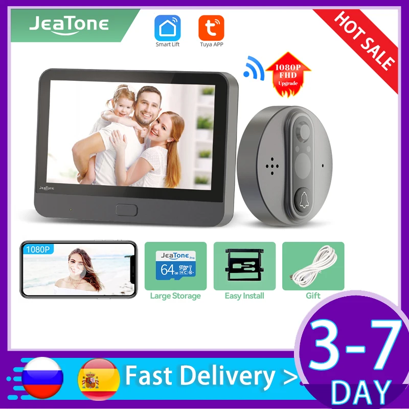  JeaTone Cámara de mirilla, visor de timbre digital WiFi con  pantalla LCD de 4.3 pulgadas y cámara gran angular de 140°, cámara de  timbre de video inteligente, sistema de seguridad para