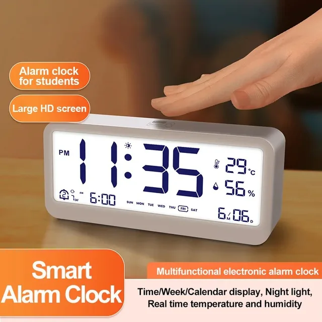 LCD Digital Alarm Clock Mute Electronic Clock Temperature Humidity Calendar Week Display Smart Night Light Mode Bedroom Clocks 1