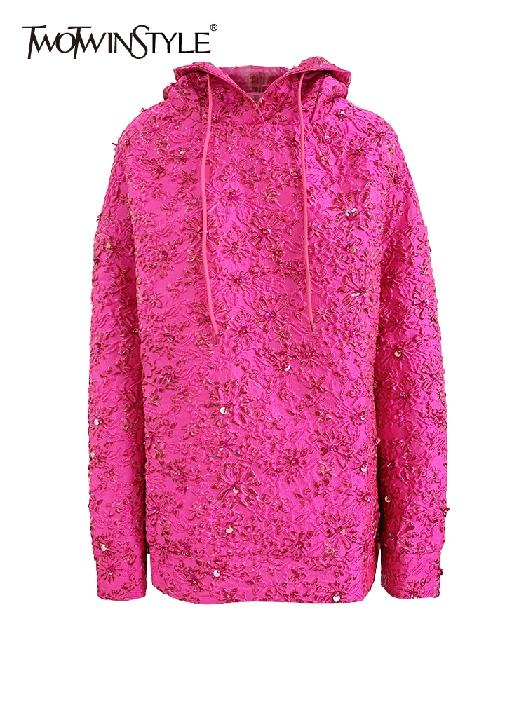 

TWOTWINSTYLE Solid Patchwork Sequins Sweatshirt For Women Hooded Long Sleeve Spliced Drawstring Pullover Sweatshirts Female New