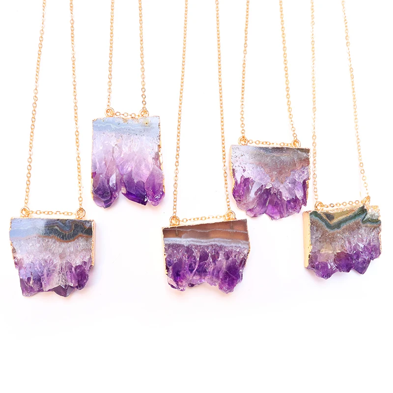 

Natural Gem Stone Amethyst Slice Pendant Necklaces Purple Quartz WomenMale Raw Slab Geode for DIY Jewelry Making