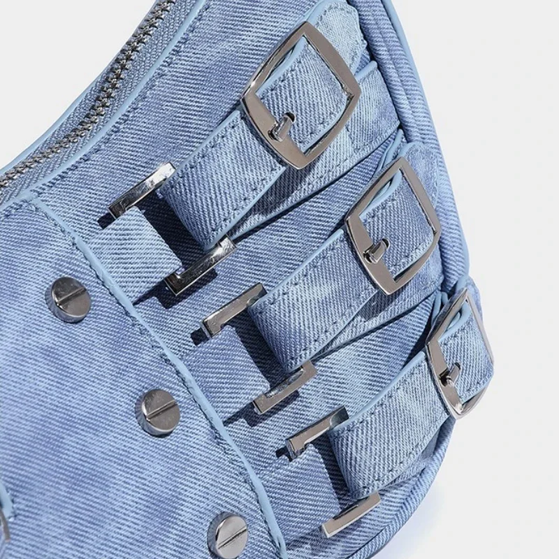 New Fashion PU Leather Underarm Bags for Women Pleated Design Cool American Motorcycle Bag Vintage Y2K Ladies Shoulder Bag