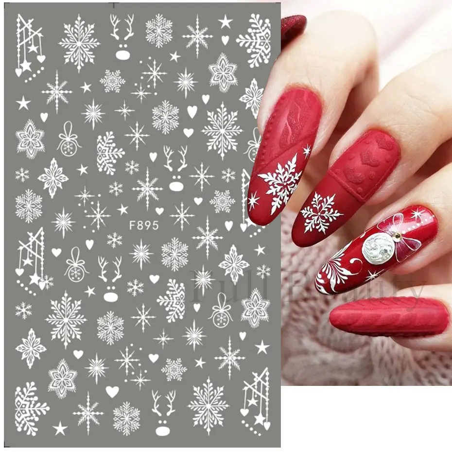 Nail Stickers Nail Art Decoration Nail Decals 3D Snowflake Nail Art Decals White Christmas Designs Self Adhesive Stickers New Year Winter Gel Foils Sliders Decorations LAF895