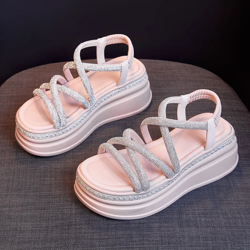 7cm Synthetic Rhinestone Slippers Luxury  Elegance Women Bling Leisure Fashion Summer Sandals Platform Wedge Flats Shoes