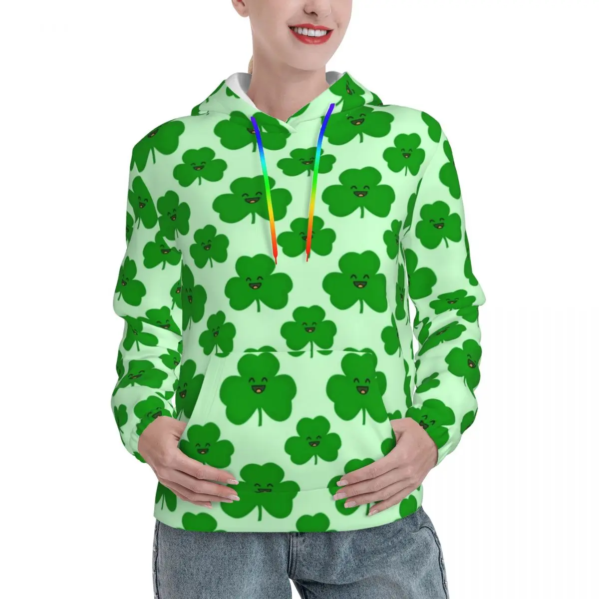 

Happy Shamrock Hoodies Spring Cartoon Leaf Print Outerwear Hooded Shirt Couple Kawaii Graphic Oversized Pullover Hoodie