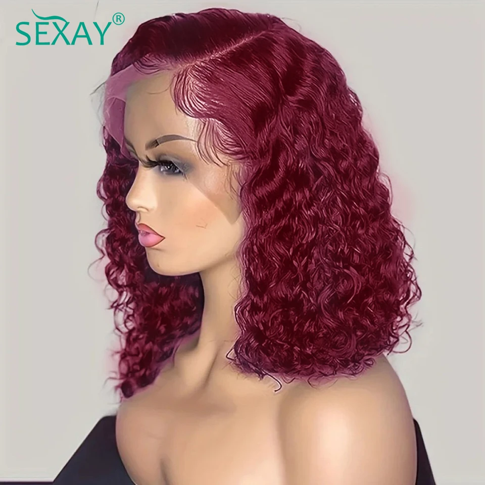 Curly Bob Wigs Human Hair Burgundy Color 180 Density Pre Plucked 13x4 Lace Frontal Wigs 8-16 Burgundy Water Wave Short Bob Wig