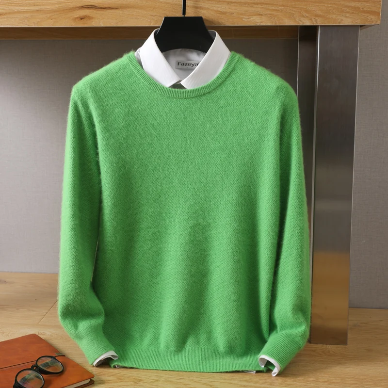 New Men's Clothing Autumn and Winter Mink Cashmere Sweater Solid Color Rice Grain Knit Jumper Large Size Loose Casual Base Top
