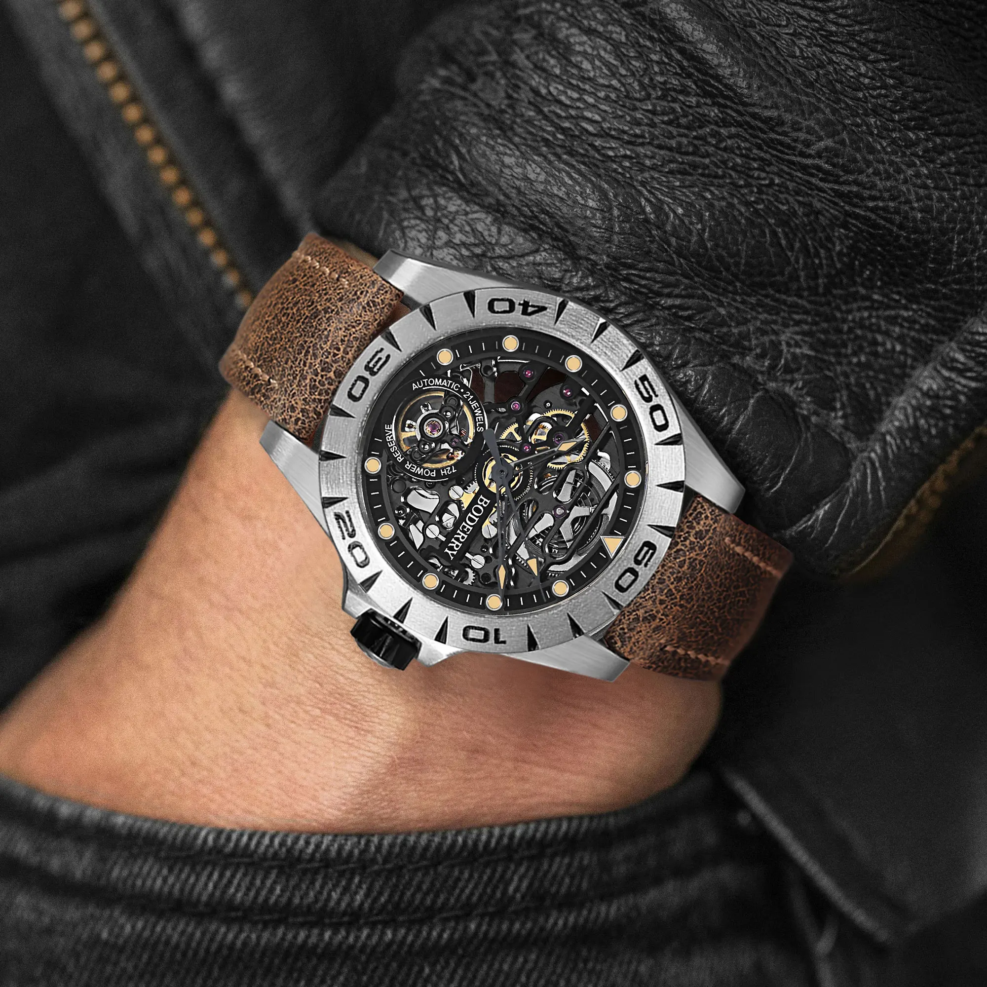 Boderry Skeleton Titanium Watches Automatic Mechanical Wristwatches Urban Men\'s Waterproof Luxury Watch for Men Sapphire Clock