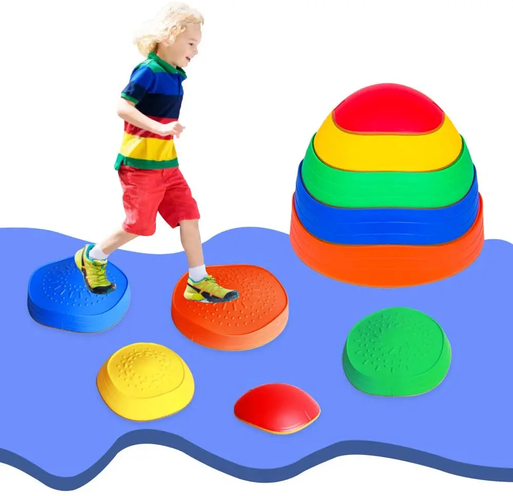 Boy playing on the balance stepping stones, and inset of the stepping stones fitting together