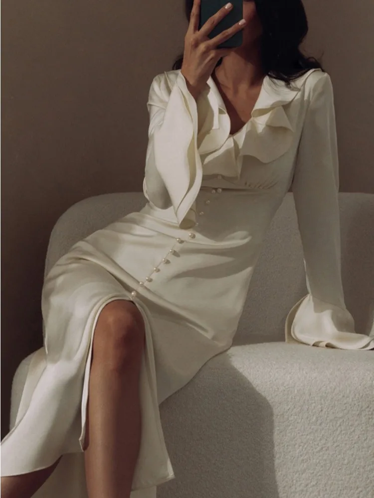 Ruffle V Neck Elegant Dress For Women Slim Long Sleeve High Waist Temperament Dresses Femme Party Slit Long Dress Woman