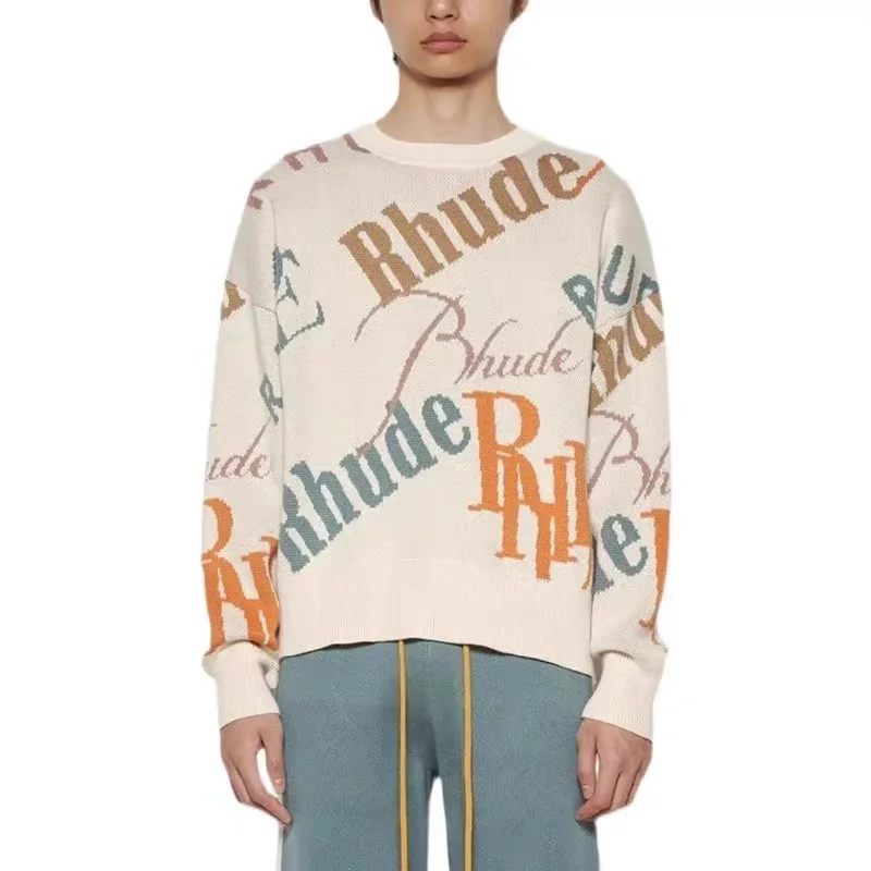 

Oversized RHUDE Jacquard Logo Sweater Contrasting Colors Casual Cashew Flower Men Women Knit Pullovers