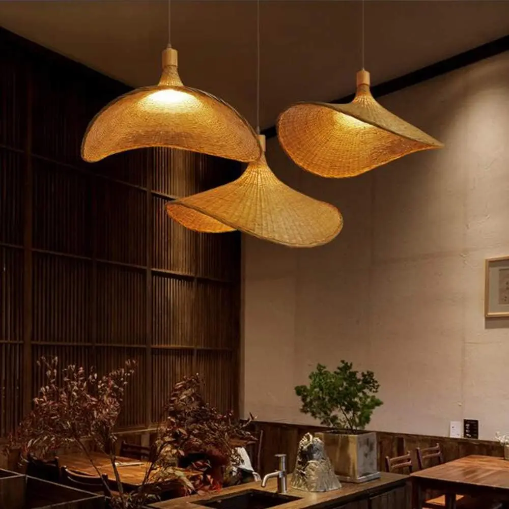 50/60cm Bamboo Weaving Chandelier Wicker Lampshade Pendant Light Retro Rattan Handwoven Hanging Lamp Hat-Shaped E27 Pendant Lamp