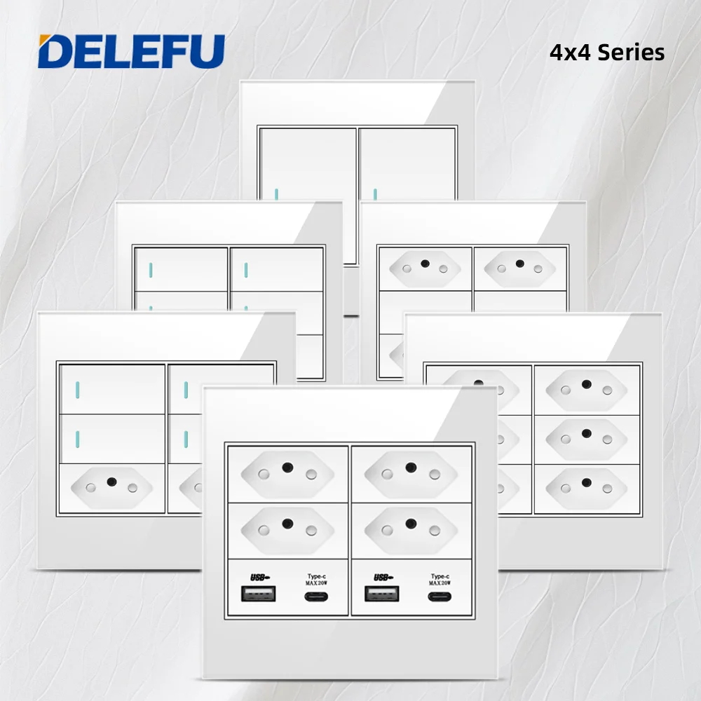 Delefu-brasil Tomada de Parede Padrão Painel Fireproof Glass Duplo Usb tipo c Interruptor de Luz Escritório Branco 10a 20a 4×4 Carga Rápida