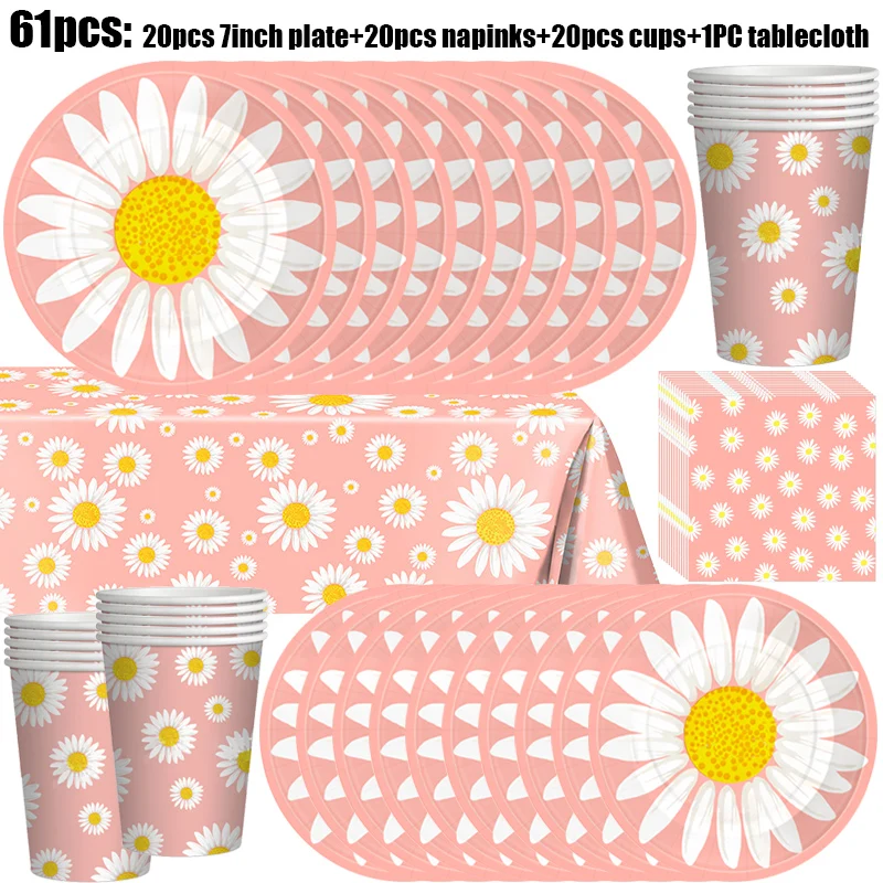 Daisy Party Decoration Pink Tablecloth Daisies Birthday Paper Plate Napinks Cup Tableware Backgroun Banner Balloons Surprise Kit