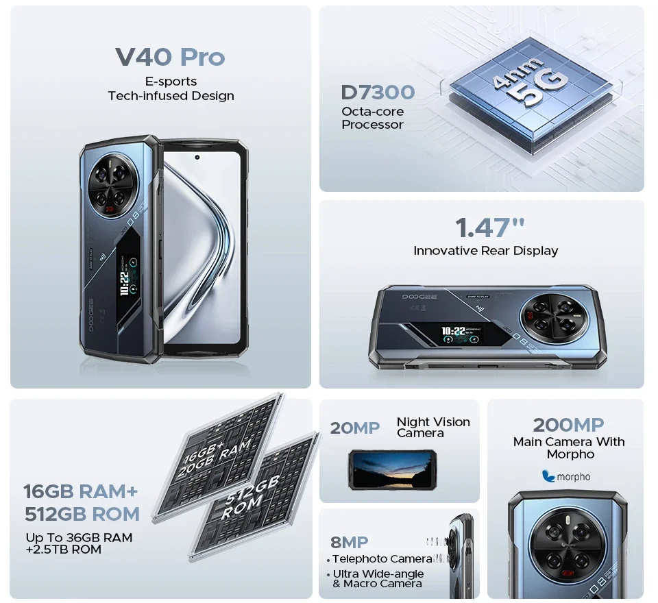 World Premiere DOOGEE V40 Pro 5G Rugged Phone 6.78" 16GB+512GB Gaming Phones Dimensity 7300 200MP AI Camera 8680mAh Android 14 2