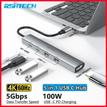 RSHTECH USB C 허브, 알루미늄 USBC 멀티포트 어댑터, 노트북과 호환, 4K, 60Hz, HDMI, 5Gbps, A 및 C 타입 포트, PD 100W
