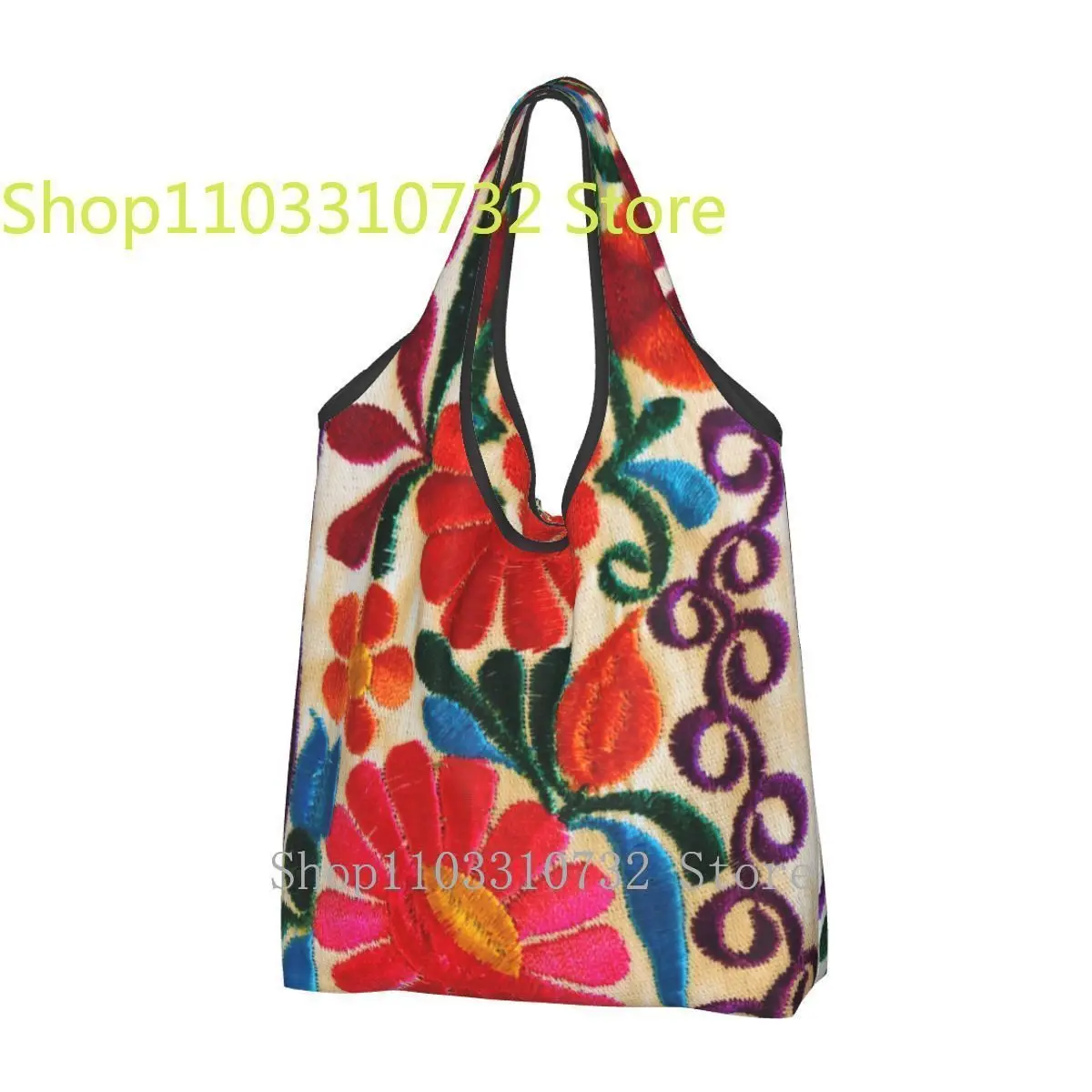

Mexican Flowers Embroidery Art Groceries Tote Shopping Bag Women Textile Floral Folk Shoulder Shopper Bag Large Capacity Handbag
