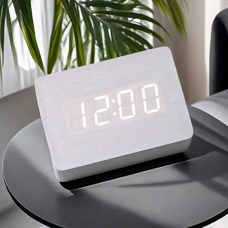 LED Desktop Clock Alarm Decoration Wooden Alarm Watch Table Voice Control Digital Wood Powered Electronic Desktop Clocks 3