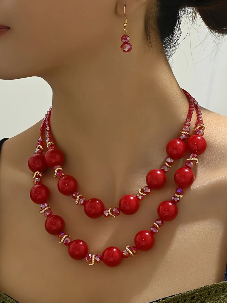 1 necklace +1 pair of earrings, imitation pearl material, Bohemian style, fashion, party date to send girlfriend wife birthday g