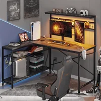 L-Shaped Reversible Gaming Desk with Power Outlet and 4 Tiers Shelves, Black Marble 1