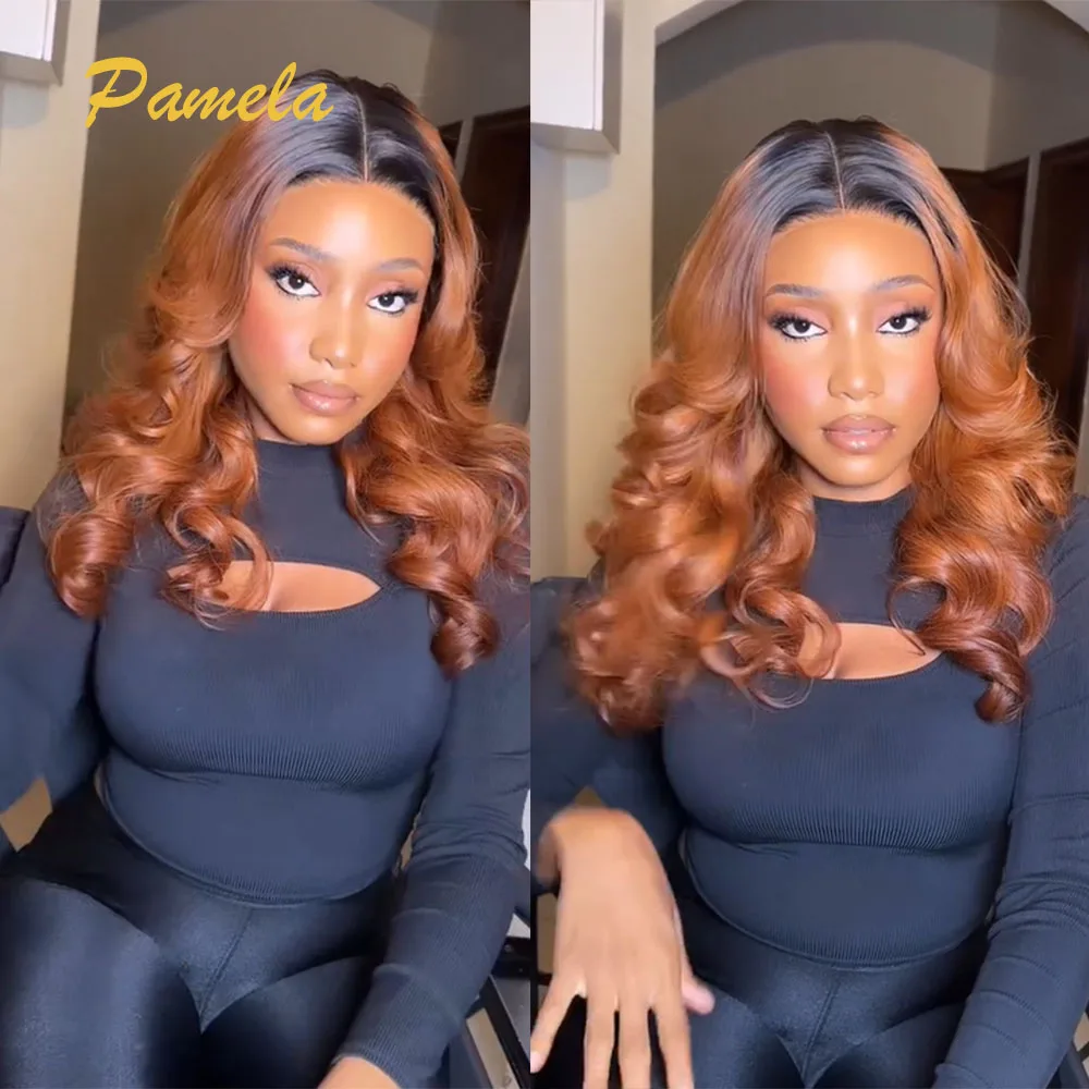 Highlight 250% Density Body Wave Glueless Wig Human Hair Ready To Wear Ombre 1B Orange Colored 13x6 Transparent Lace Frontal Wig