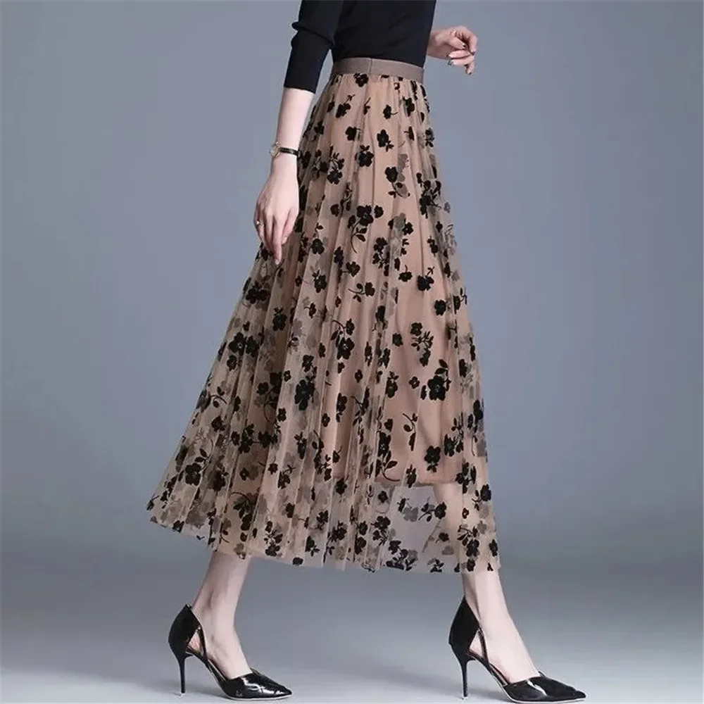 

Mesh Floral Skirt Women Spring Summer Autumn Long Gauze Skirt High Waisted Grace Fashion Puff Skirts Elegant Mujer Printing F39