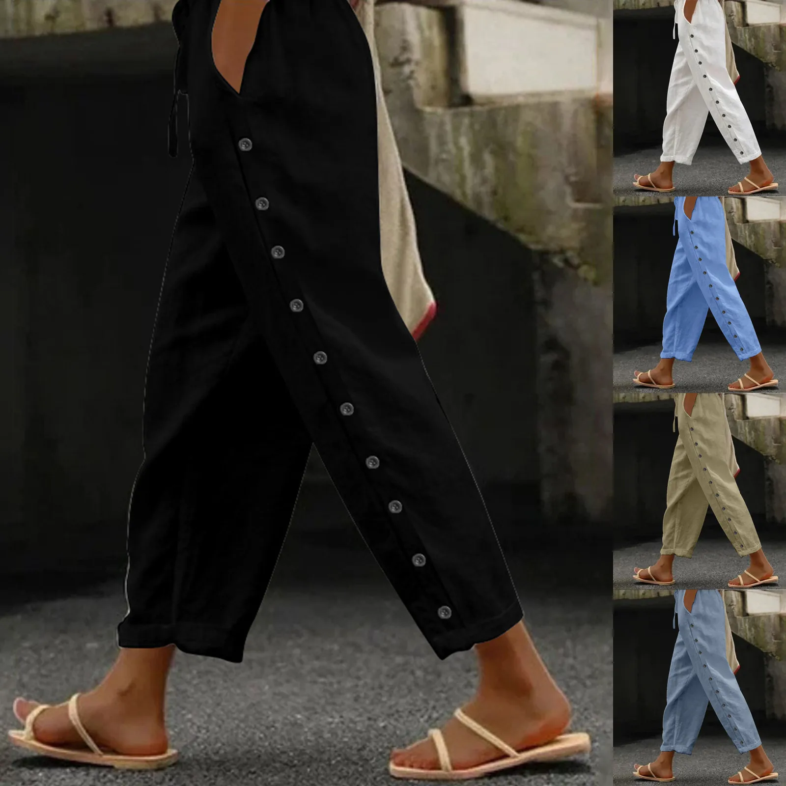 

Summer Lace Stitching Button Casual Trousers Women Solid Loose Cotton Linen Harem Pants Woman Vintage Ankle-Length Wide Pants