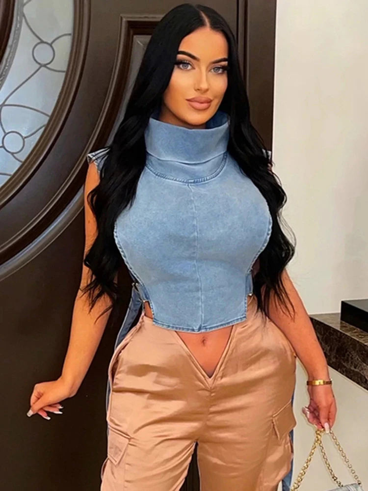 

Women Summer Denim Camis Turtleneck Tank Top Y2K Streetwear Corset Korean Fashion High Street Solid Color Sleeveless Crop Tops