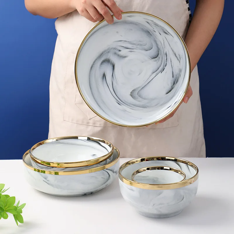 Nordic Gold Rim Ceramic Tableware Set Gray Marbled Dinner Plate Soup Bowl Dish Spoon Home Simple Luxury Flatware