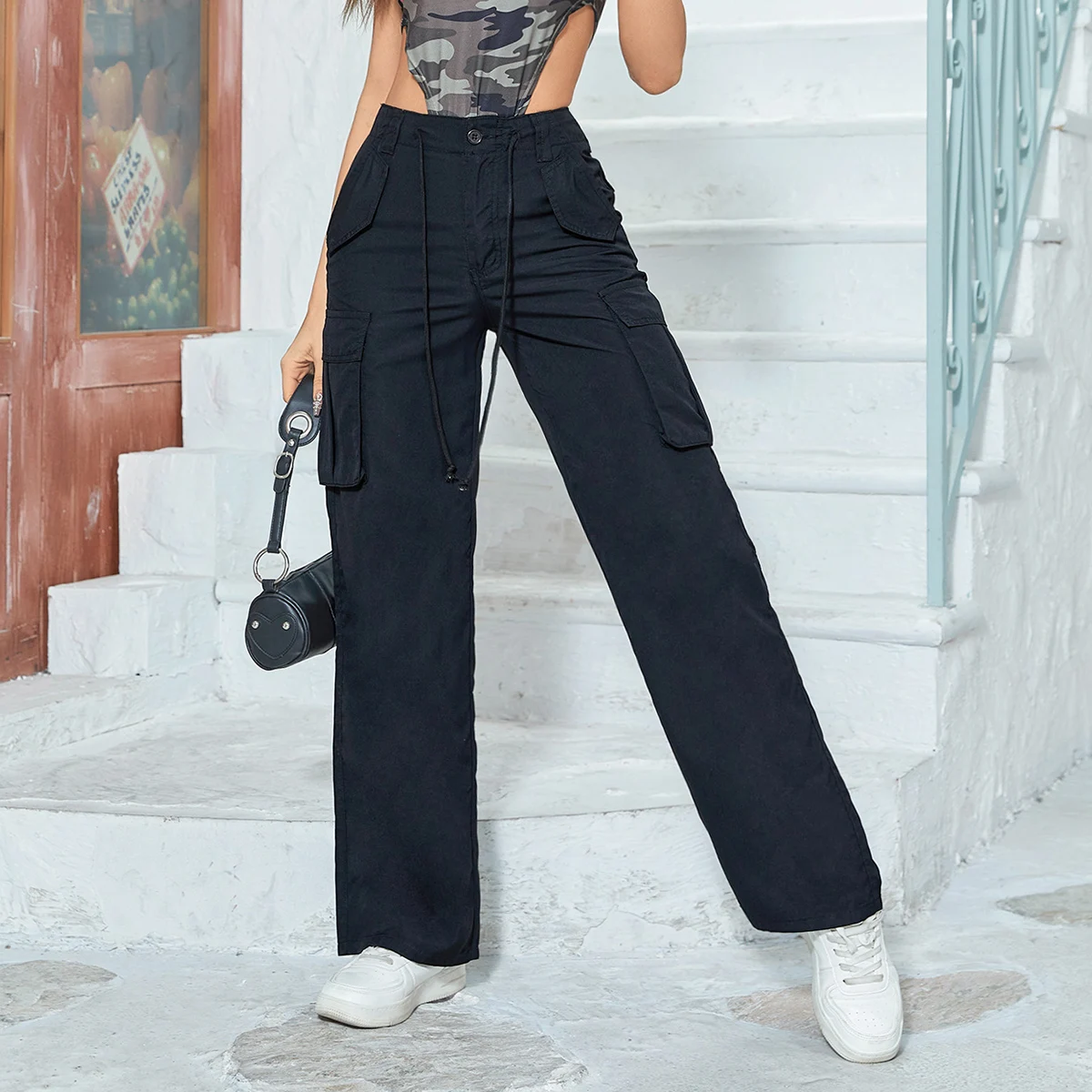 

GILIPUR Vintage Cargo Pants High Waist Stretch Black Women Baggy Jeans Multiple Pockets Straight Wide Leg Trousers