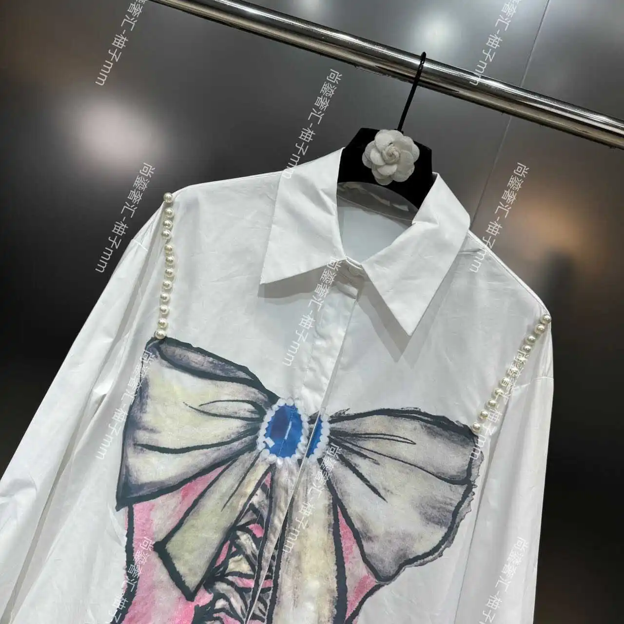 2024 Spring and Summer New Fashion Bead Personalized Bow Pattern Shirts Loose Long Sleeve Elegant Blouse Women's Top All-match