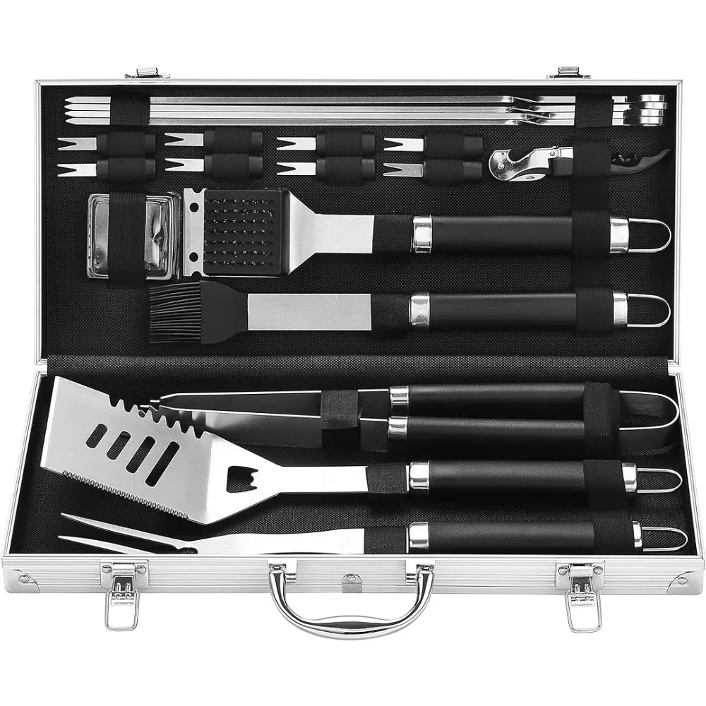 

Grilljoy 20PCS BBQ Grill Tools Set - Extra Thick Stainless Steel Fork, Spatula, Tongs& Cleaning Brush -