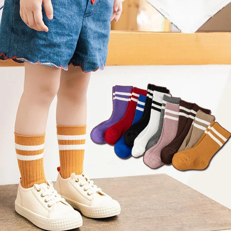 

1-12 Year Old Girls Pile Up Stockings, Two Bar Long Stockings, Trendy Boys' Cotton Stockings, Sports Stripes Baby Socks