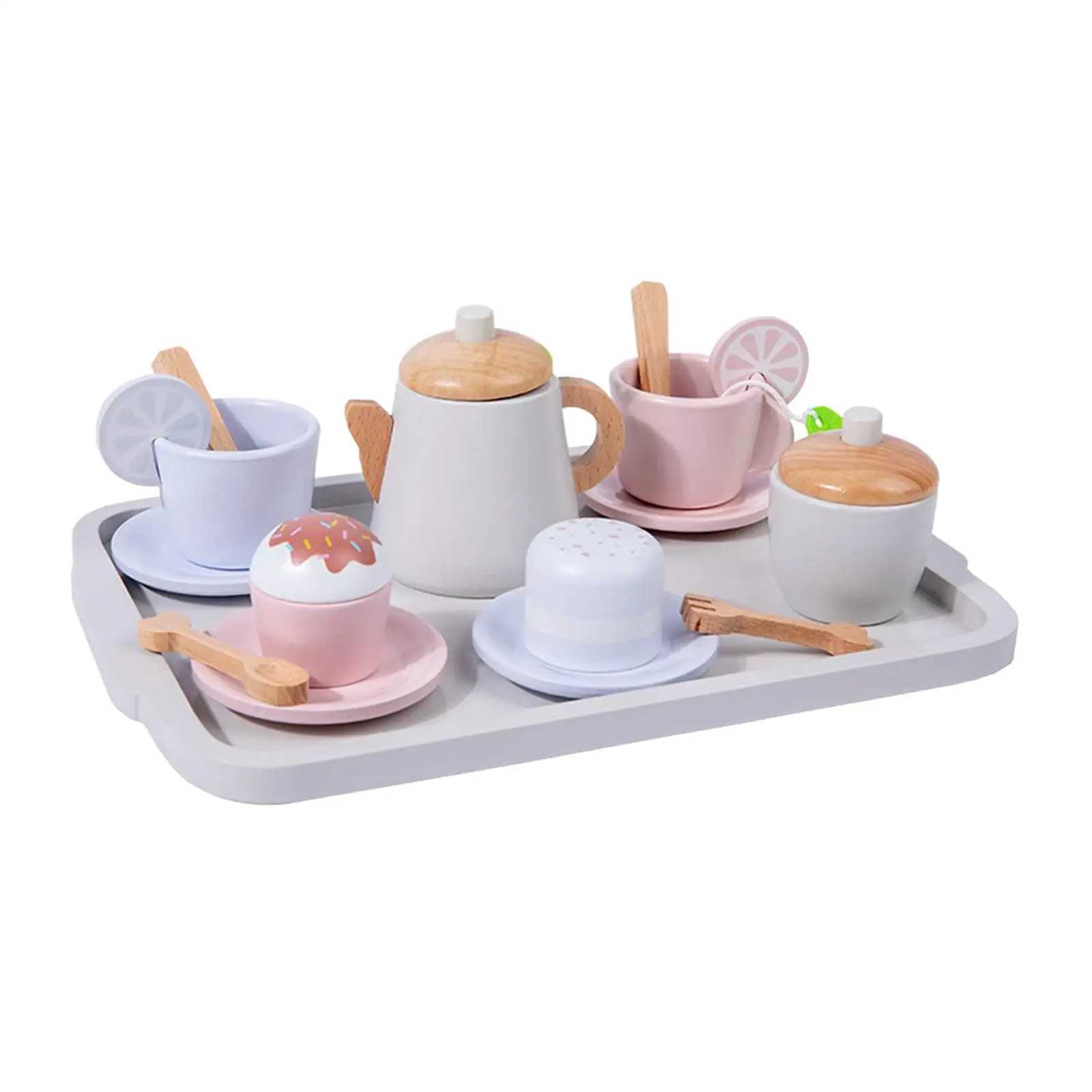 Toddlers Tea Set, Pretend Play Playset Role Play Wooden Tea Set, Princess Tea Time Toys Playset for Kids Children Toddlers