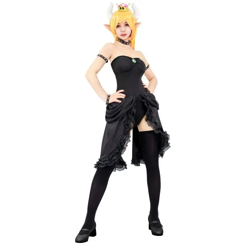 DAZCOS Women's Off Shoulder Corset Top With High Low Skirt Bowsette Princess Cosplay Sexy Black Dress with Accessories Halloween