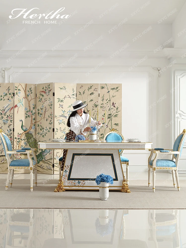 

Dining Tables and Chairs Set Long Luxury European Restaurant Furniture Solid Wood Hand Painted Customizable P7