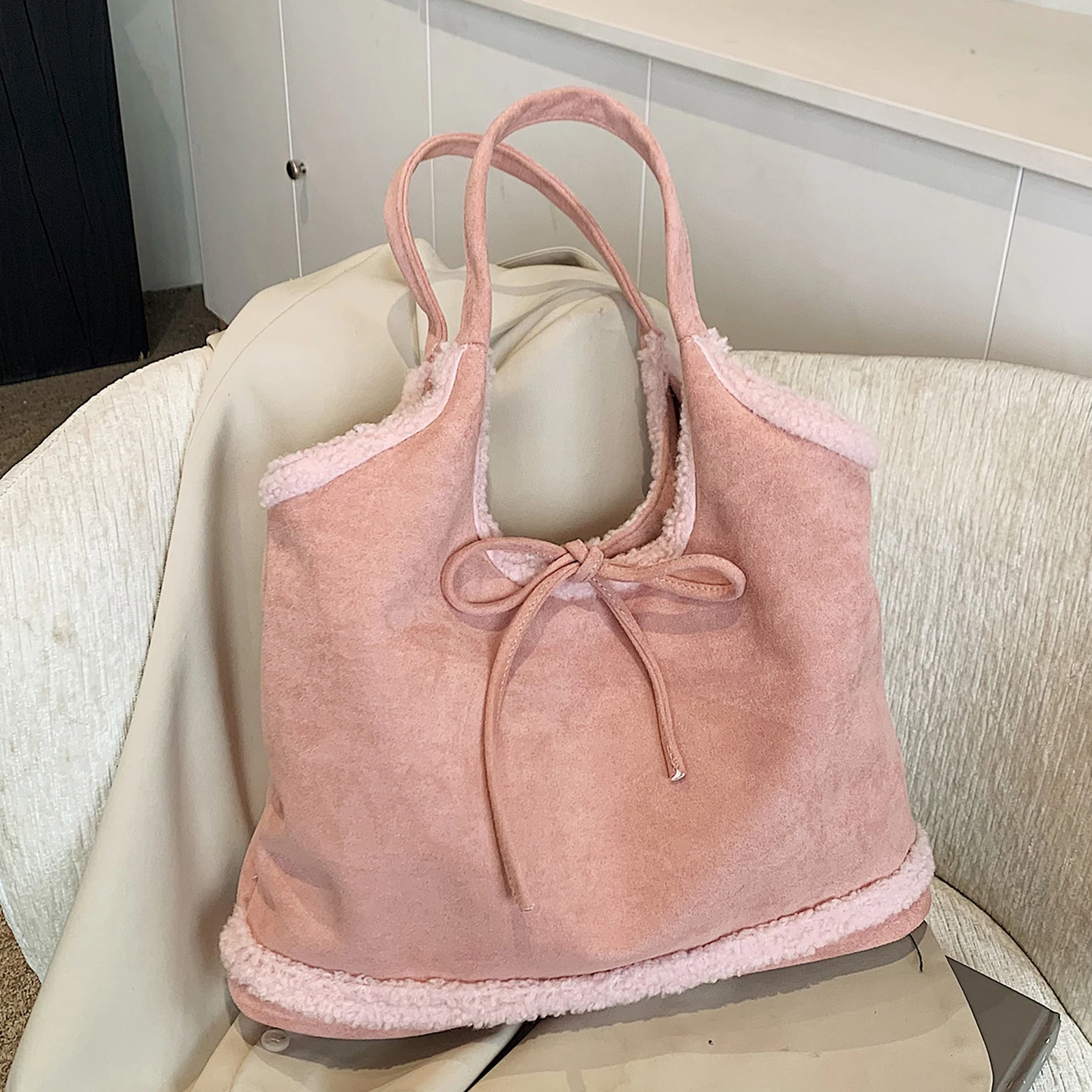 Women Frosted PU Bow Handbag Lamb Wool Underarm Bag Shoulder Purse Large Capacity for Daily School Travel