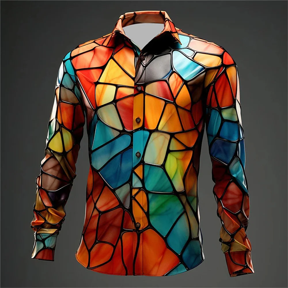 

Men's colorful artistic abstract shirt, daily street long sleeved lapel button comfortable fabric, hot selling men's clothing
