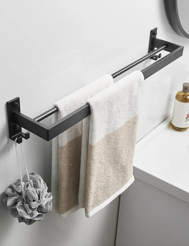 Description Picture 6 of itemWall Mount Towel Rack Bathroom Accessories Shower Room Holder Towel Hanger Double Towel Bar Hook Bathroom Shelf Space Aluminum