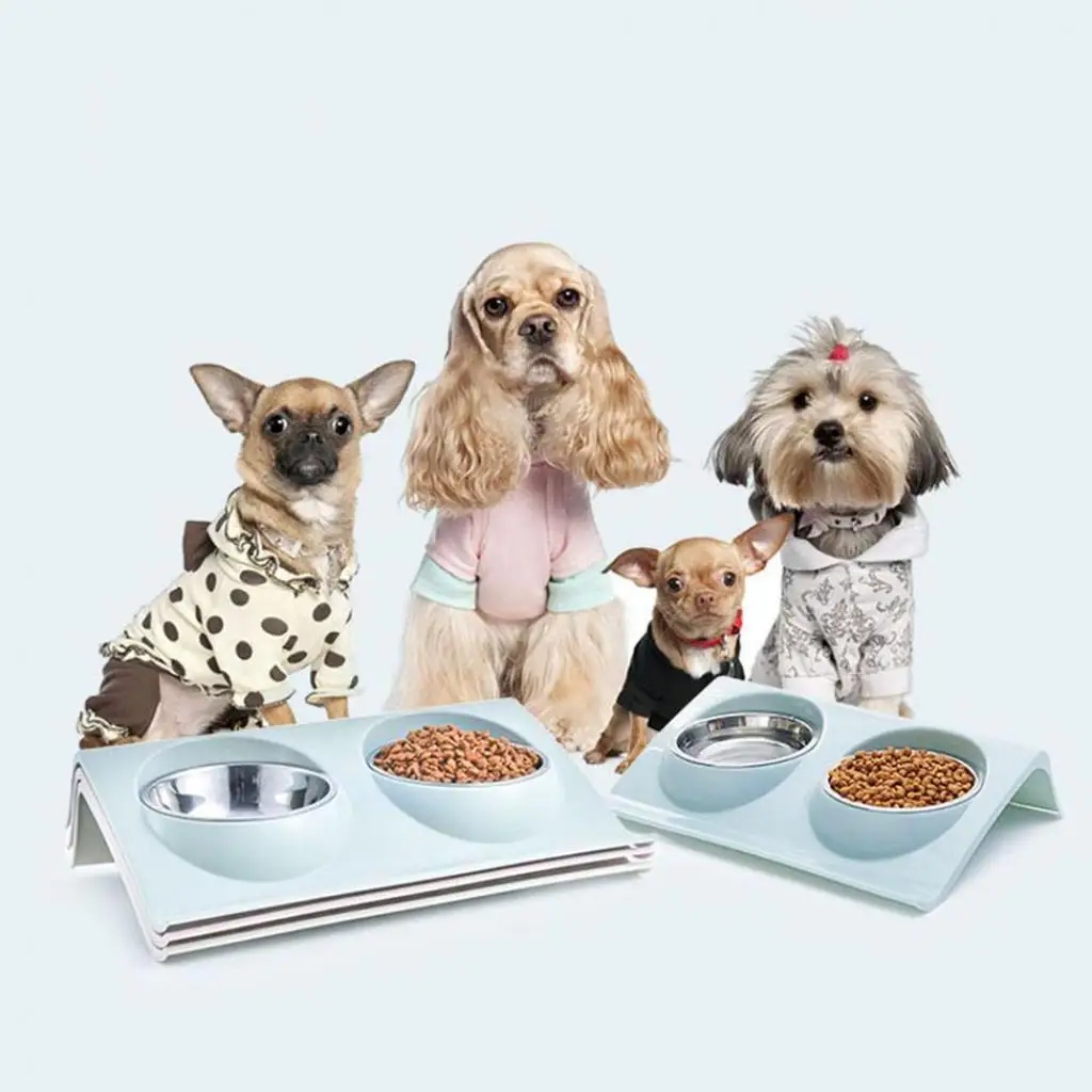 Dual Bowl Design Stainless Steel Dog Cat Dog Puppy Feed Food Water Dish Pet Supplies cat dog feeder pet double bowl melamine tableware puppy food water bowls anti skid pet supplies dogs drinking feeding dish