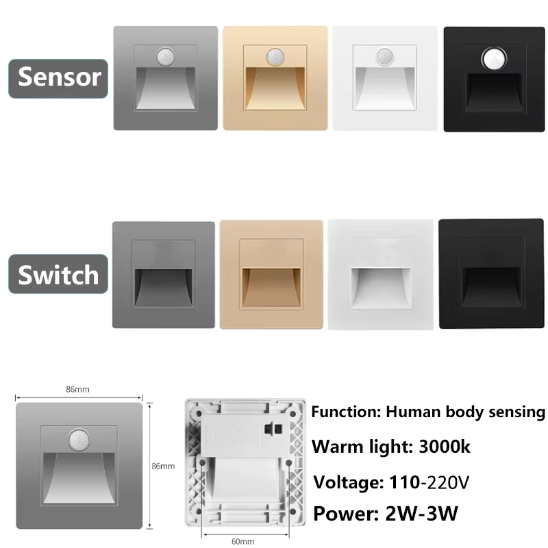 Lampada LED con Sensore di Movimento PIR e Sensore Luminoso, AC 110V-220V, da Incasso per Scale e Camere da Letto, Luce Notturna a LED - immagine 2