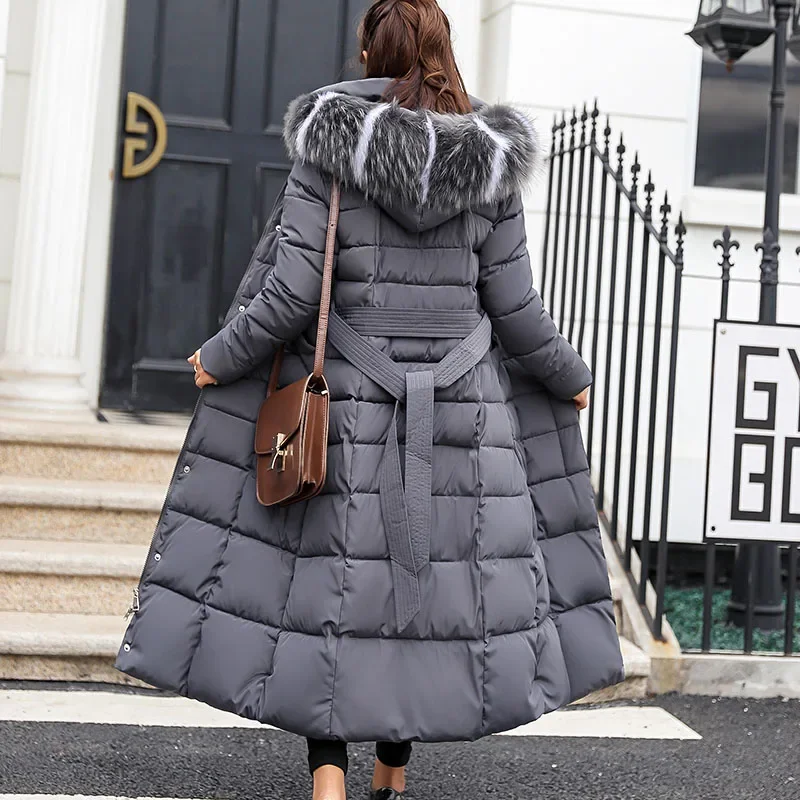 QUTYRE Vrouwen Winter Lange Down Jas Puffer Bont Kraag Hooded Parka