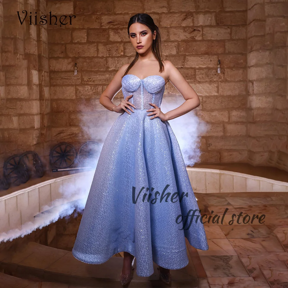 

Viisher Sparkly Blue Tulle Evening Dresses Bone Corset Sweetheart A Line Prom Party Dress Ankle Length Women Formal Gowns