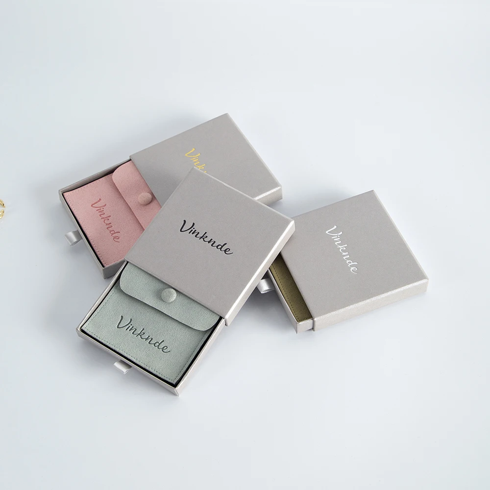 Grey Drawer Jewelry 9x9x1.7cm Box with 8x8cm Microfiber Button Gift Bag Set Can Personalized Logo for Wedding Christmas Ramadan