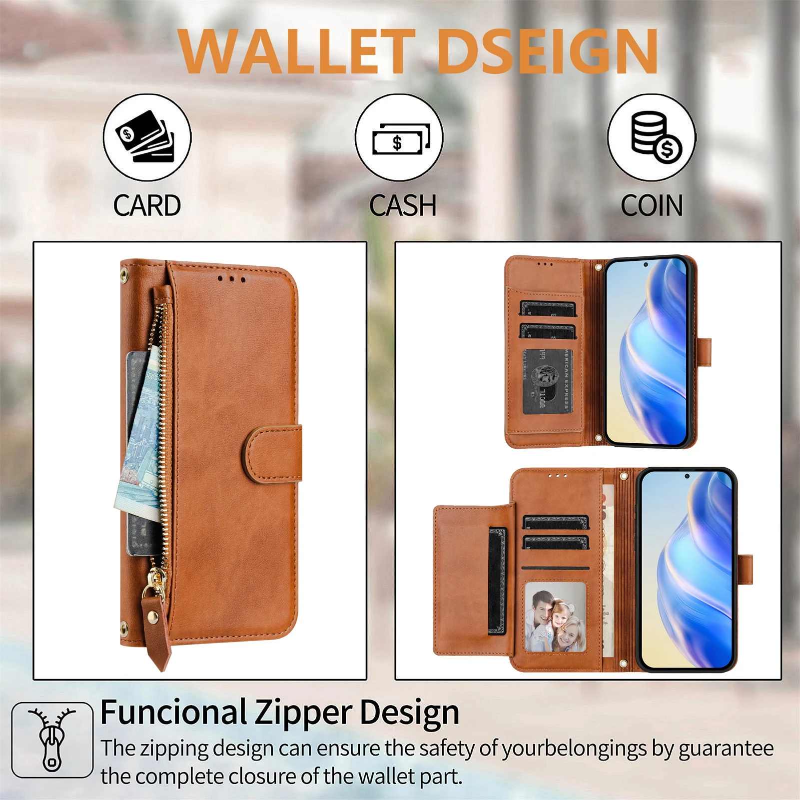 Luxurious Leather Wallet Phone Case with Strap and Zipper