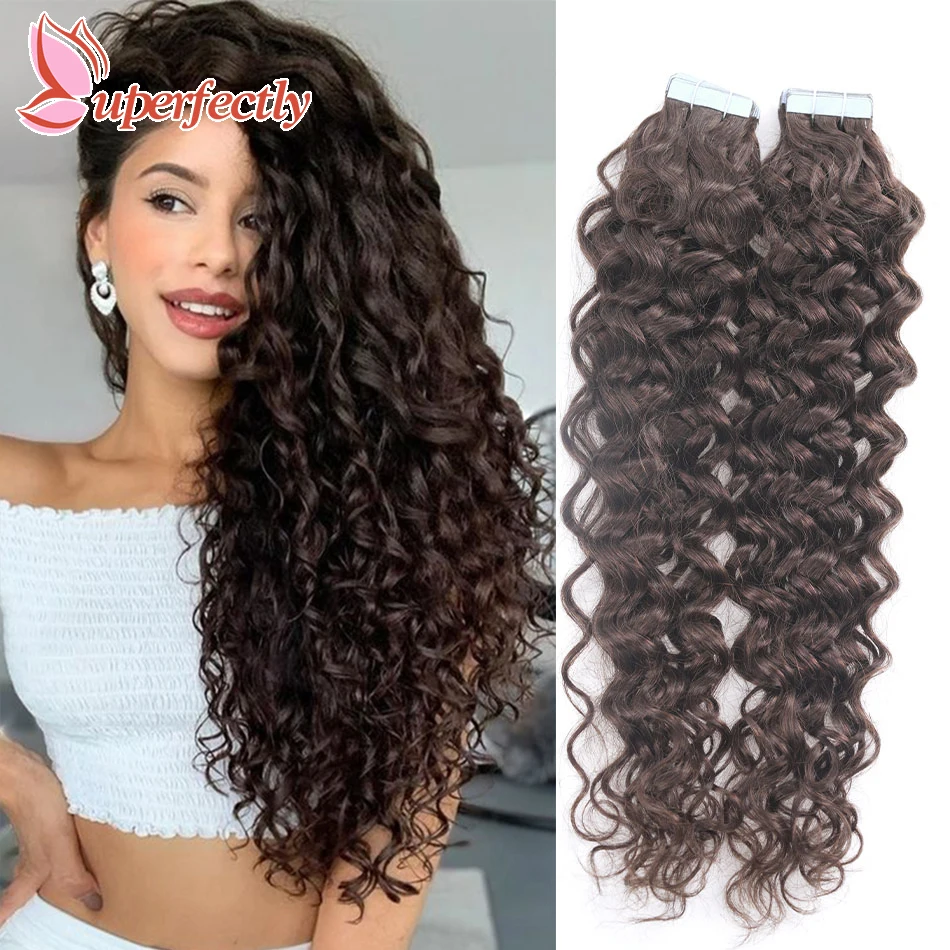 Water Wave Tape In Human Hair Extensions Remy Curly Hair Tape Ins European Remy Skin Weft Adhesive Extension 12-26Inch