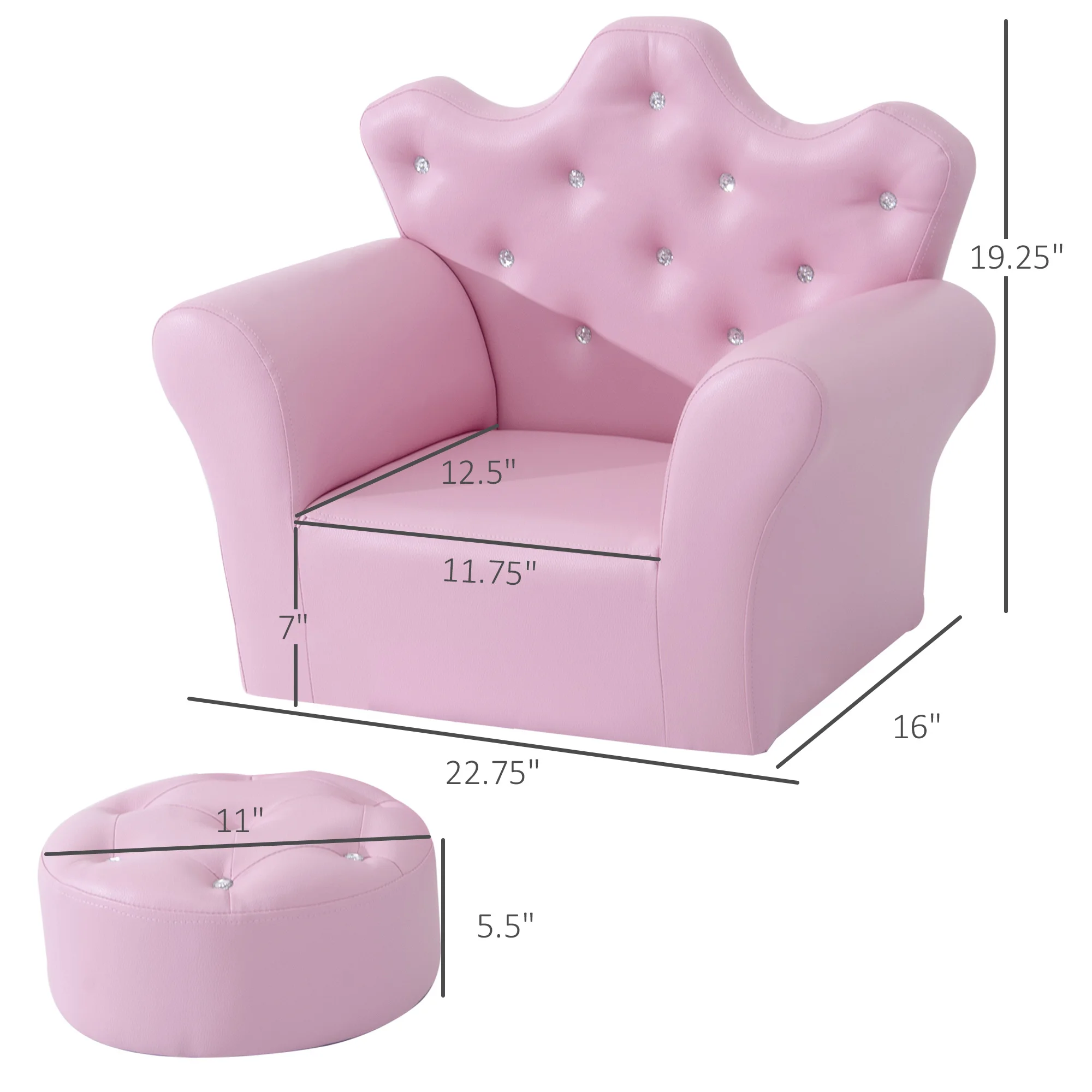 Kids Sofa Set with Footstool, Princess Sofa with Diamond Decoration, Pink 4