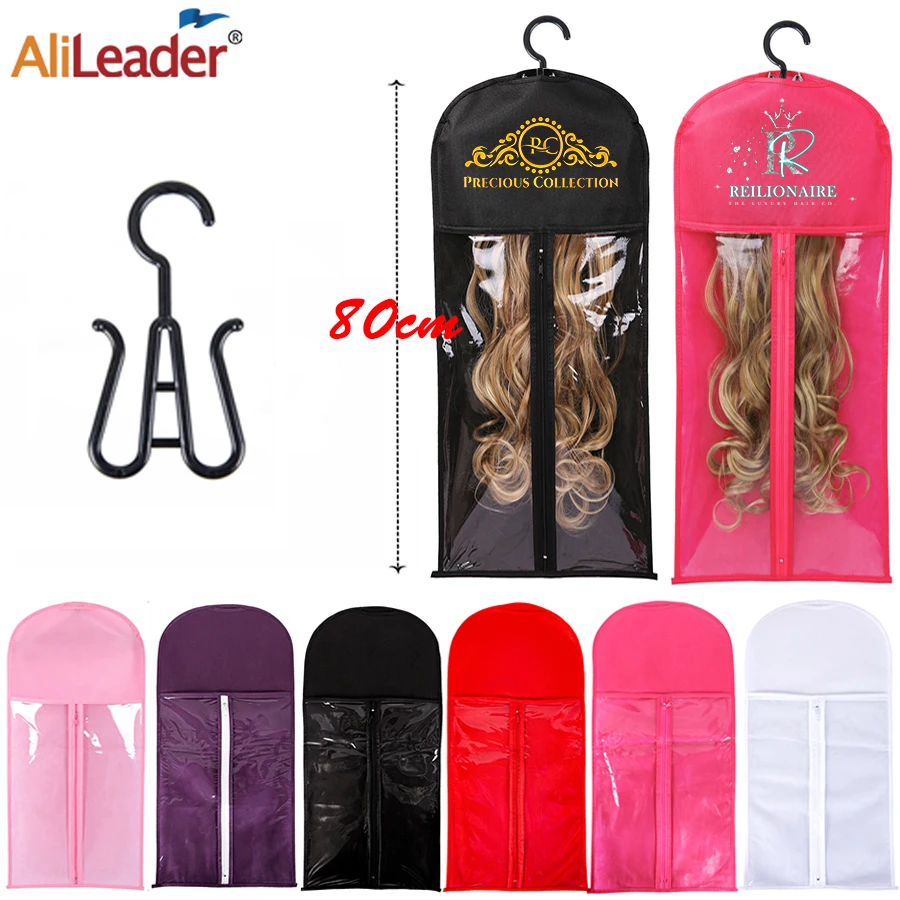 Logo Cusotm Wig Storage Bag With Hanger 60Cm 80Cm Wig Hair Extension Storage Bag With Hanger Wig Hanger With Plastic Storage Bag